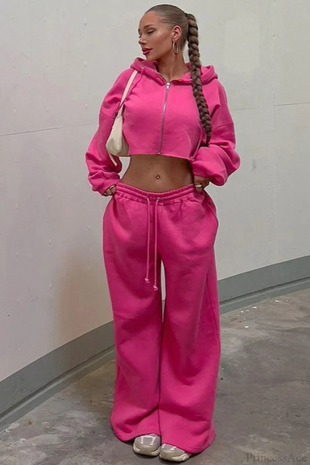 Hooded Zipper Cropped Slim Fit Casual Two Piece Set image 1