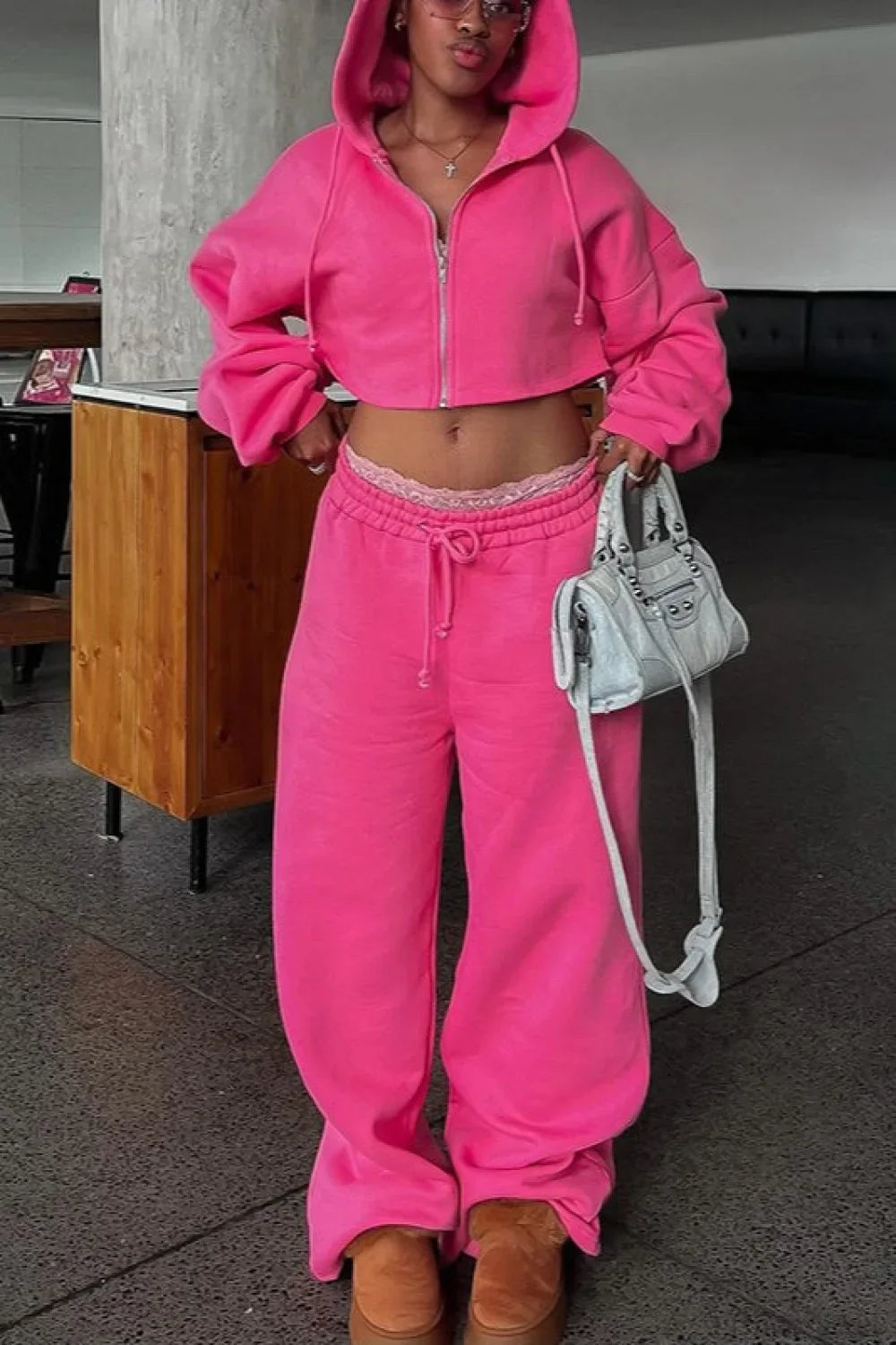 Hooded Zipper Cropped Slim Fit Casual Two Piece Set image 4