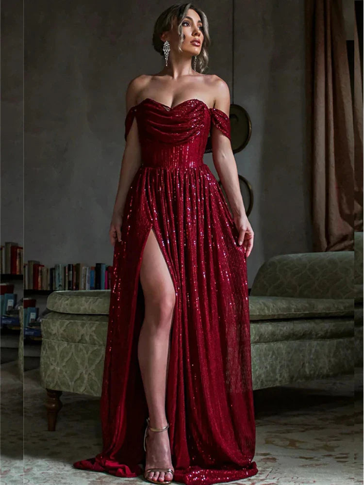 Off-Shoulder Ruched Sequin Party Dress image 1