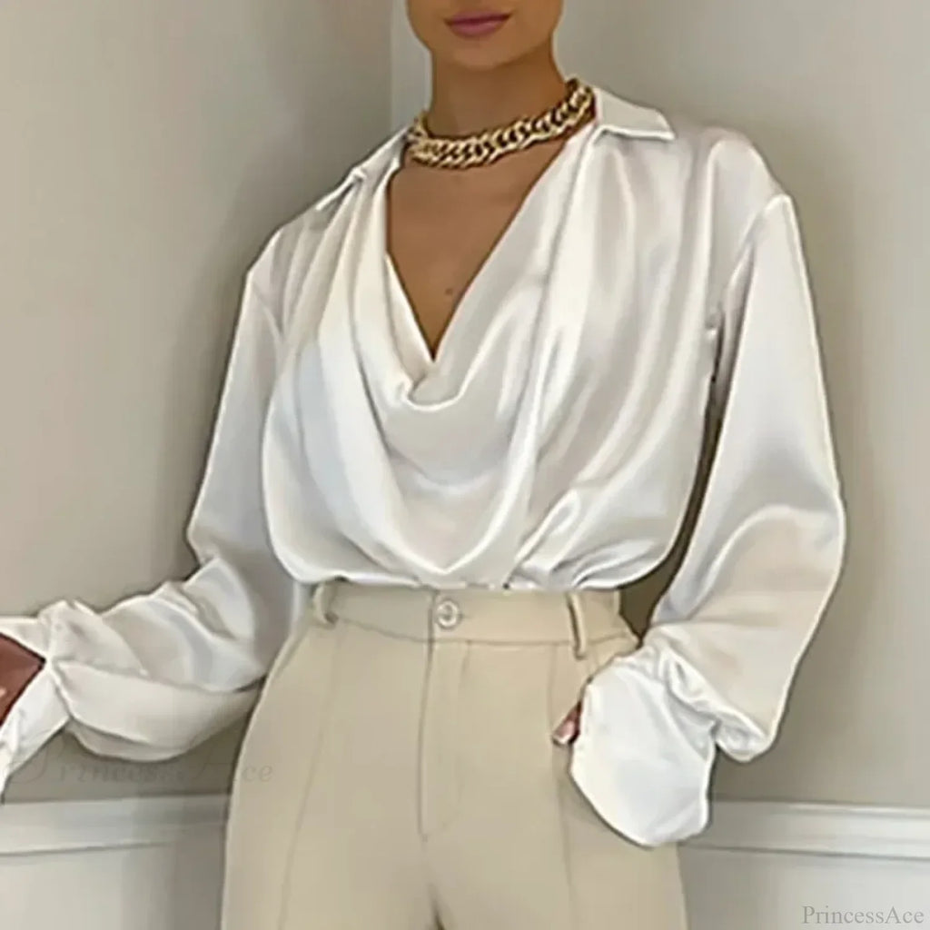 Ice Silk Loose Casual Satin Long Sleeve Blouse image 3