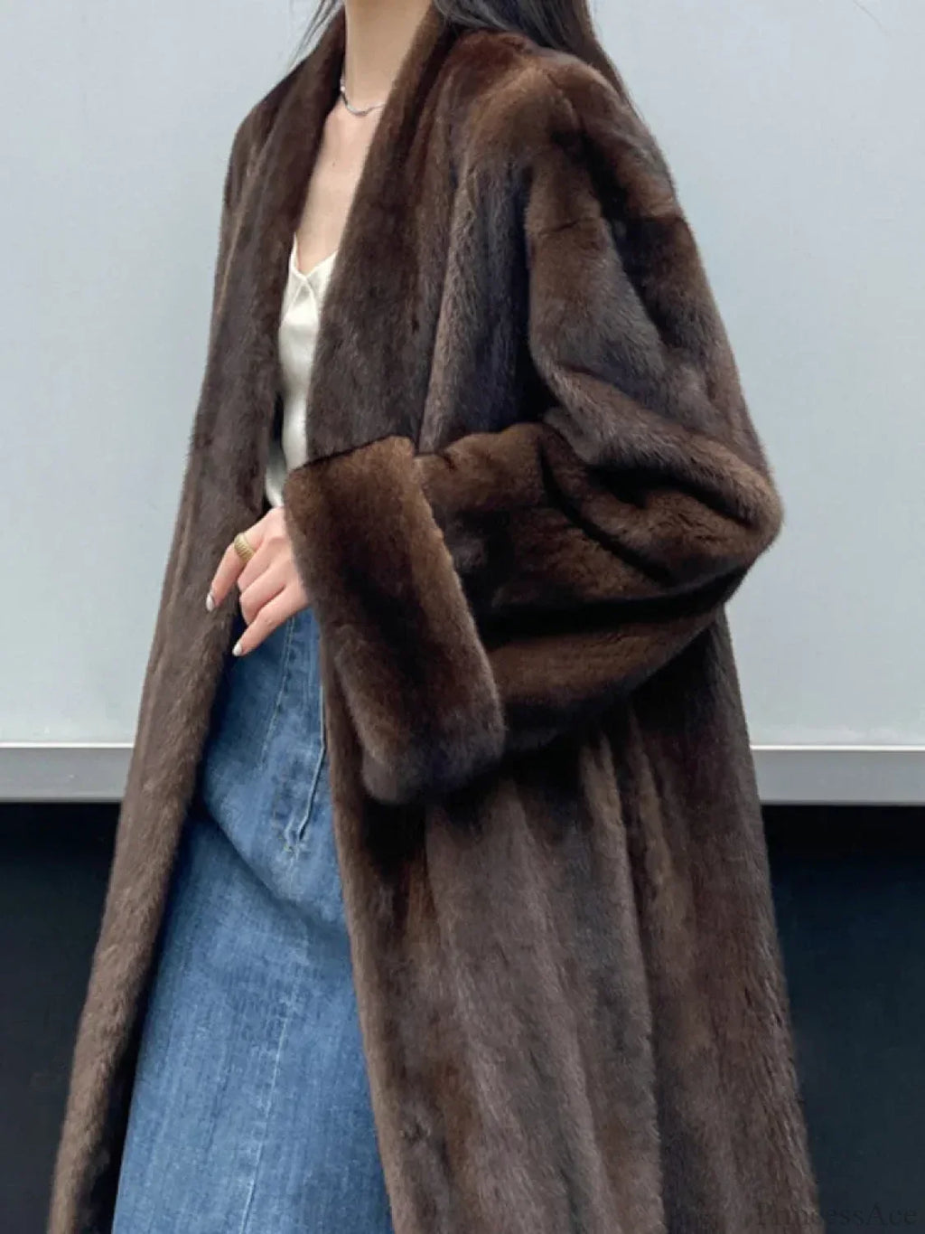 Imitation Mink Lapel Full Sleeve Overcoat image 3