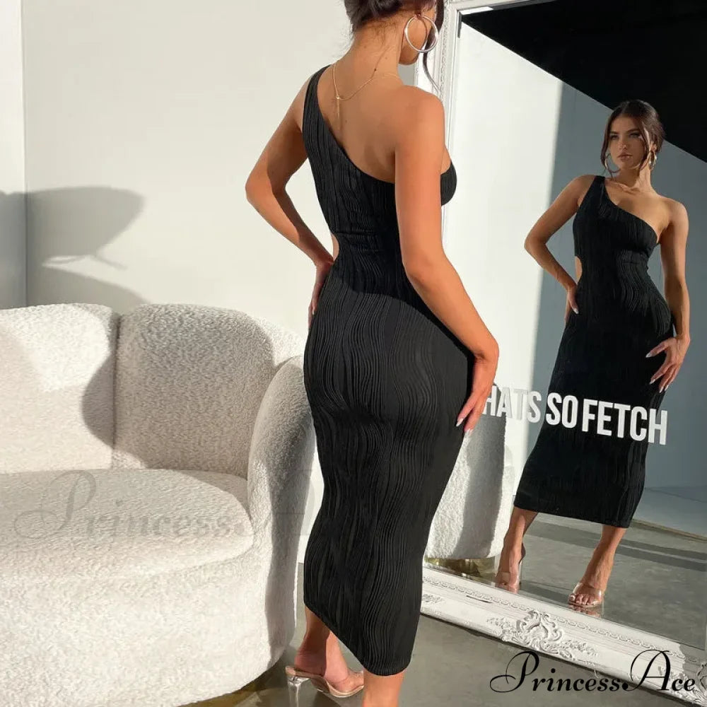 Irregular Cut Out Club Party Sleeveless One Shoulder Textured Midi Dress image 5