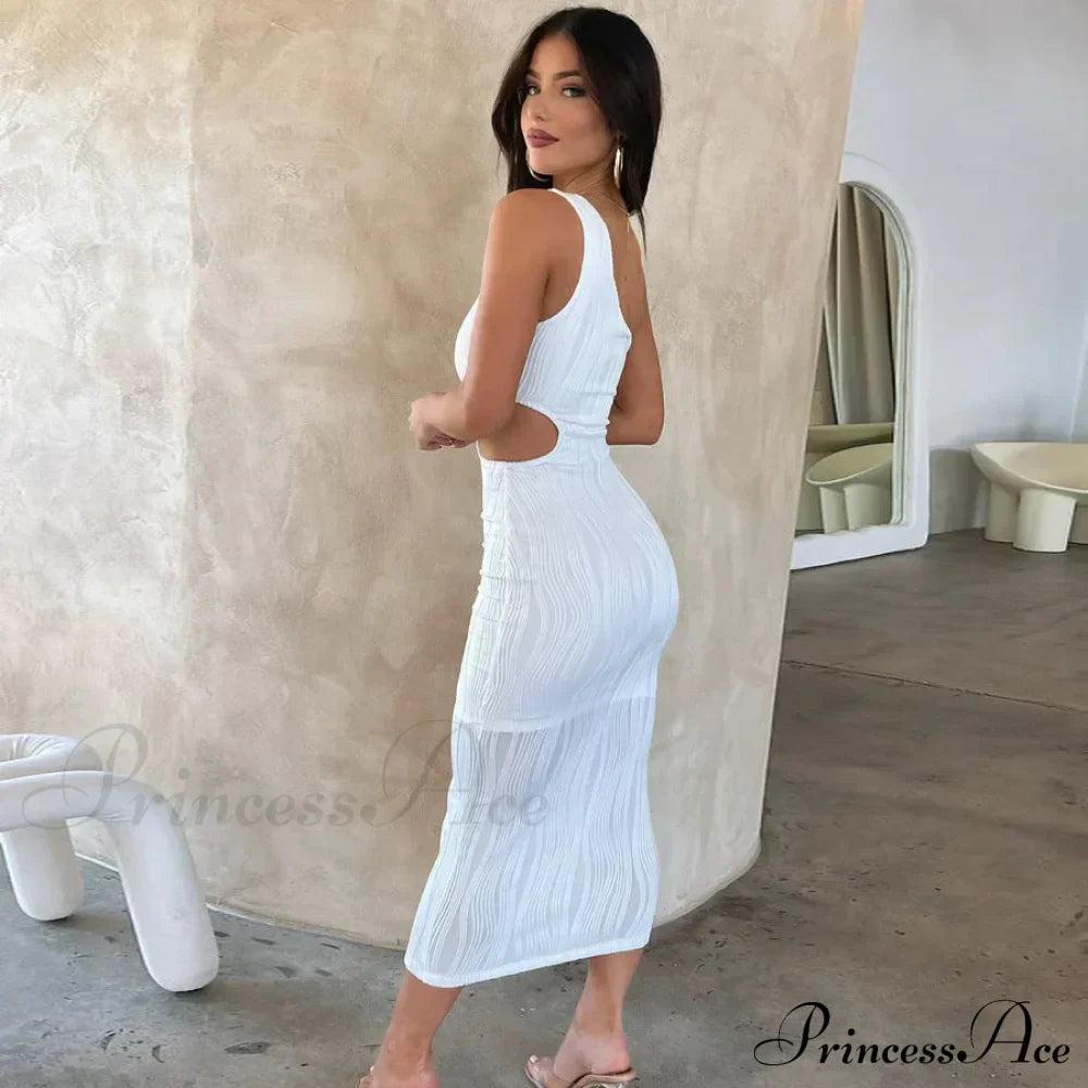 Irregular Cut Out Club Party Sleeveless One Shoulder Textured Midi Dress image 2