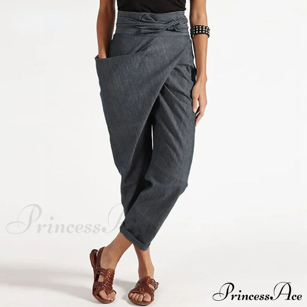 Irregular Lacing Cropped Casual Solid Color Trousers image 1