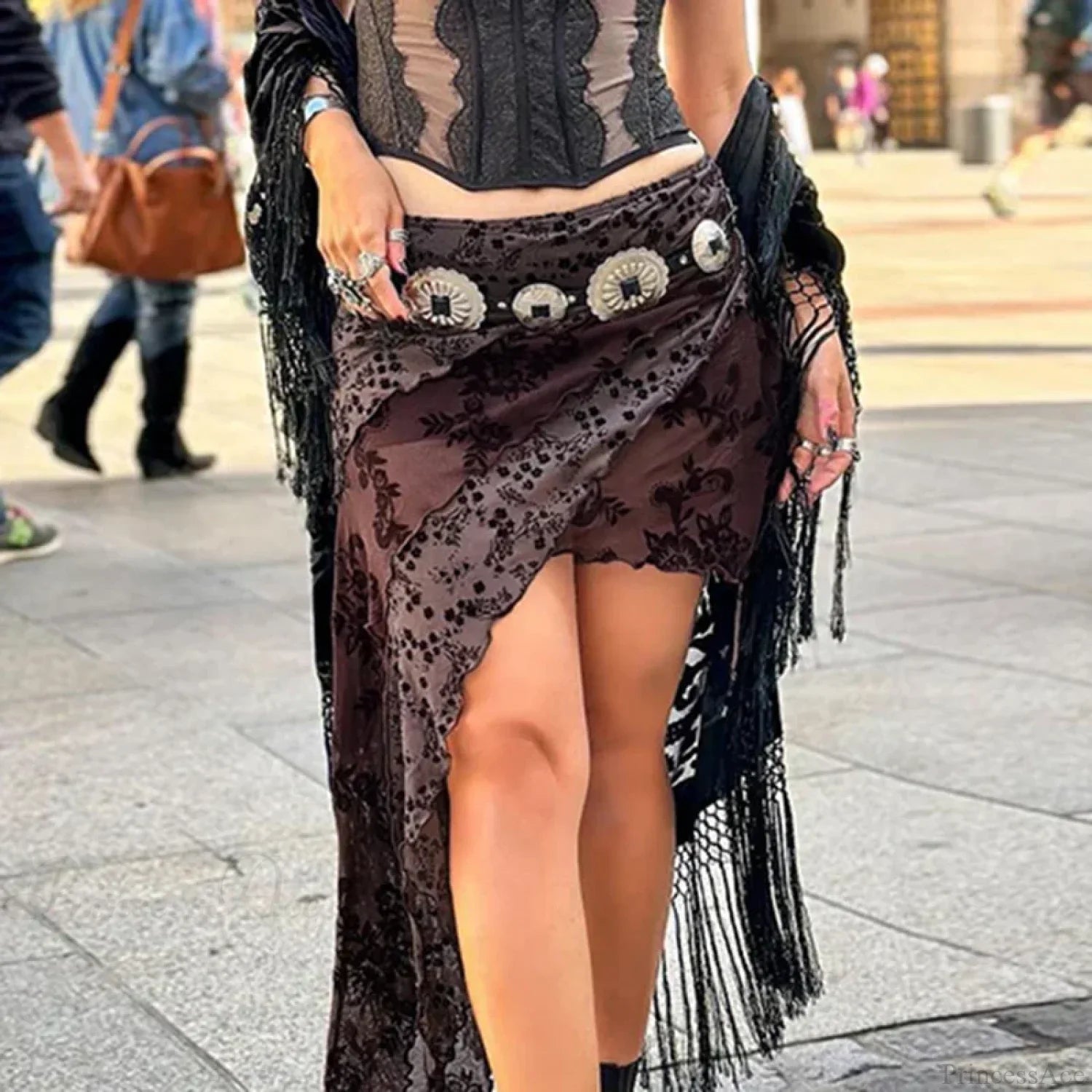 Irregular Printed Mesh Shirring Skirt Grunge Fairycore Skirt image 3
