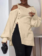 Irregular Solid Long Sleeve Off-Shoulder Blouse image 2
