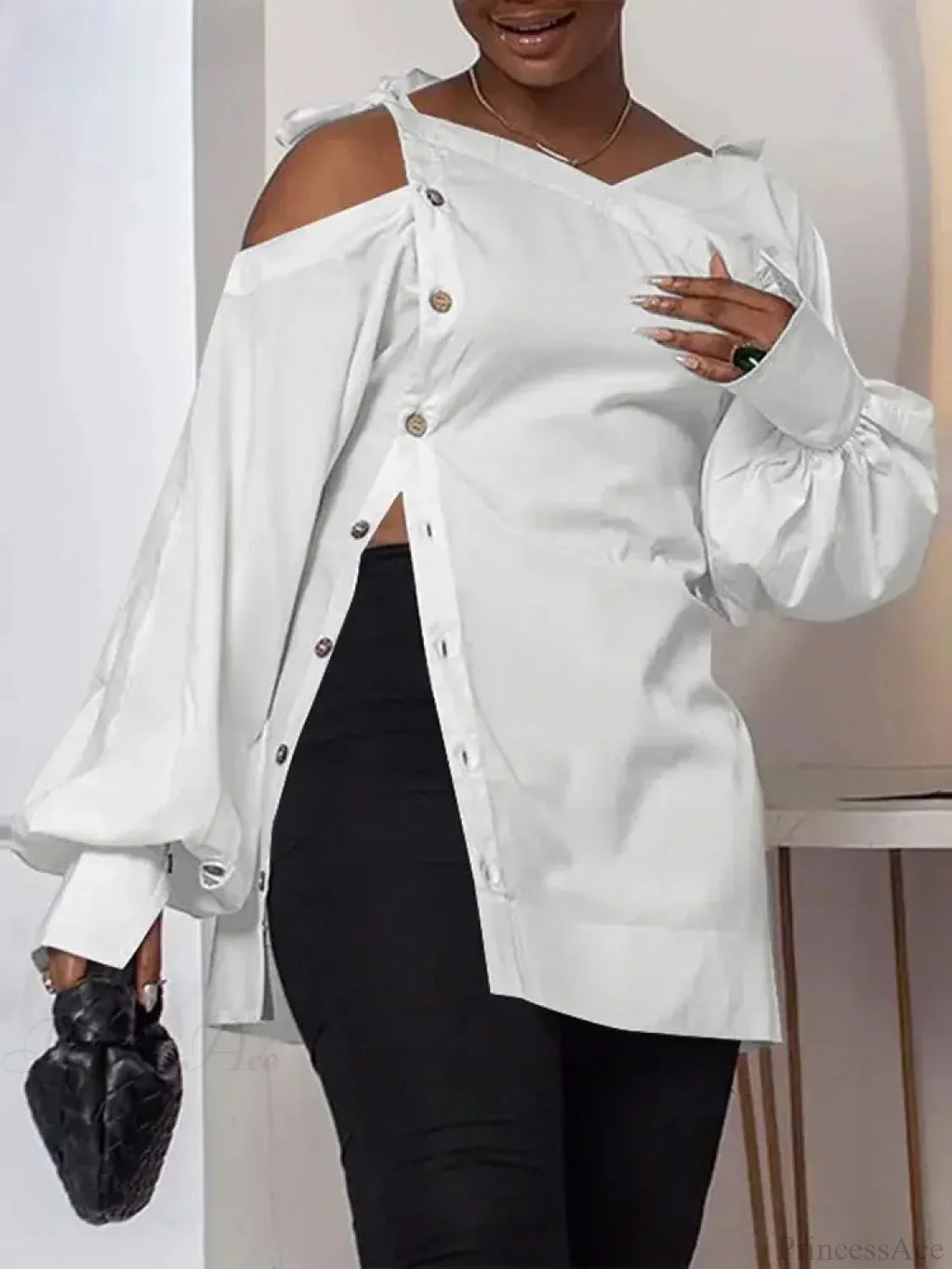 Irregular Solid Long Sleeve Off-Shoulder Blouse image 1