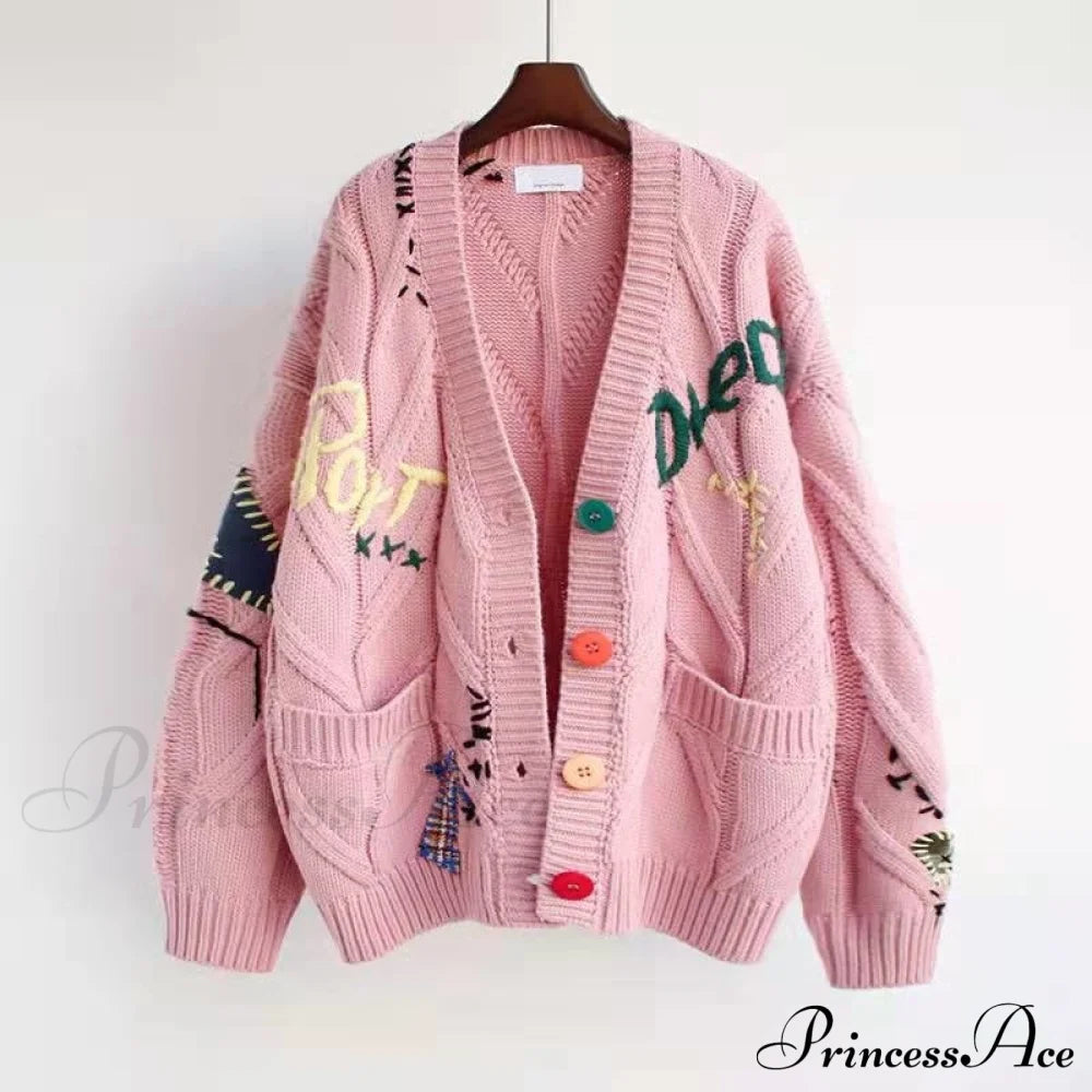 Jacket Loose Pocket Embroidery Fashion Knit Cardigan image 2
