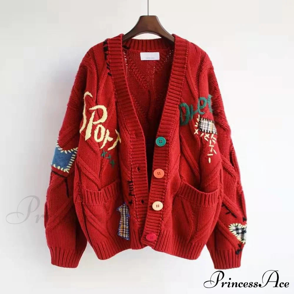 Jacket Loose Pocket Embroidery Fashion Knit Cardigan image 3