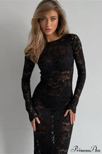 Jacquard Sheer Lace Long Sleeve Mermaid Maxi Dress image 3