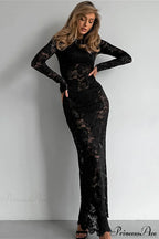 Jacquard Sheer Lace Long Sleeve Mermaid Maxi Dress image 2