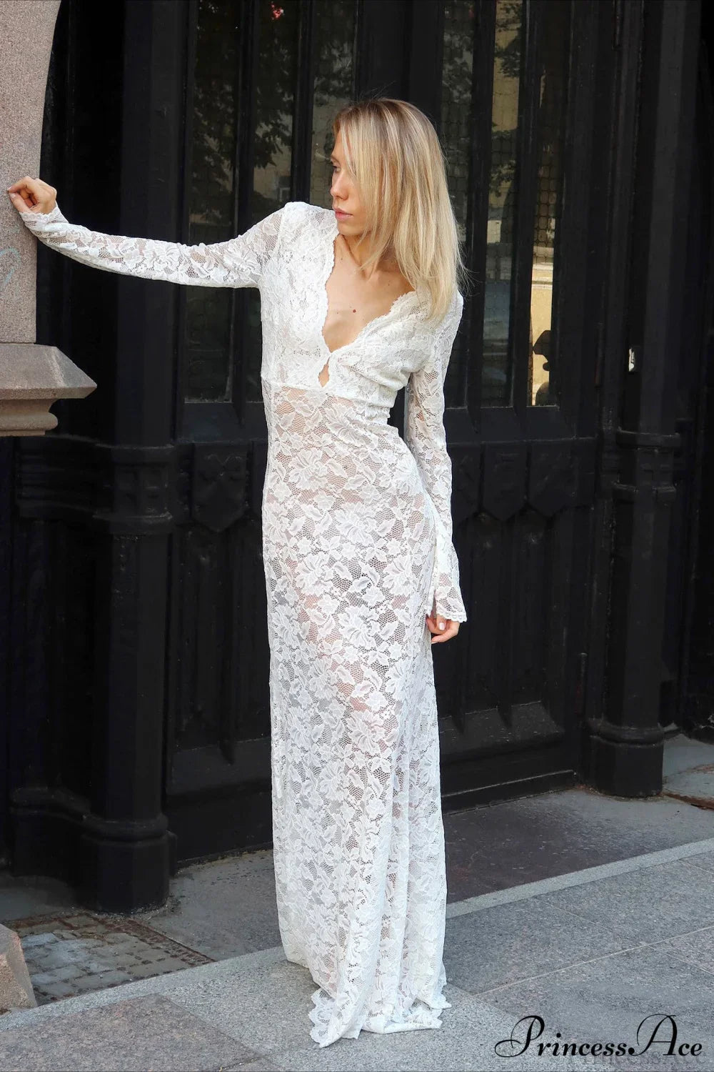 Jacquard Sheer Lace Sexy Bodycon Maxi Dress image 3