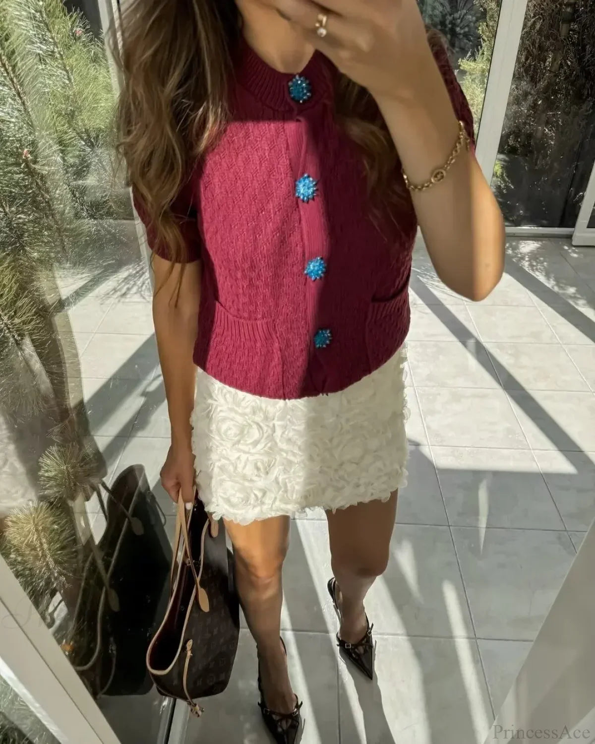 Jewelry Button Short Sleeve Round Neck Cardigan image 1