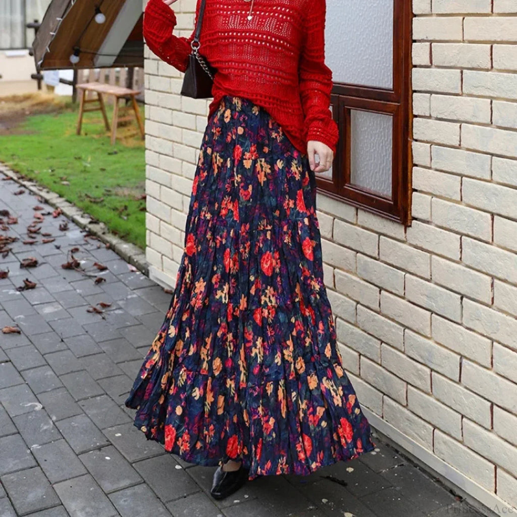 Kawaii Bohemian Floral Maxi Skirt Summer Retro Romantic image 8