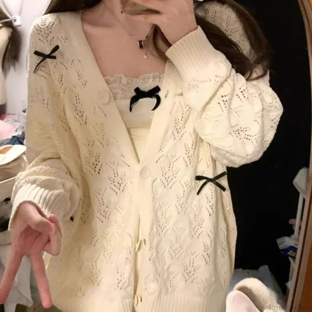 Kawaii Bow Hollow Out Solid Knit Cardigan image 1