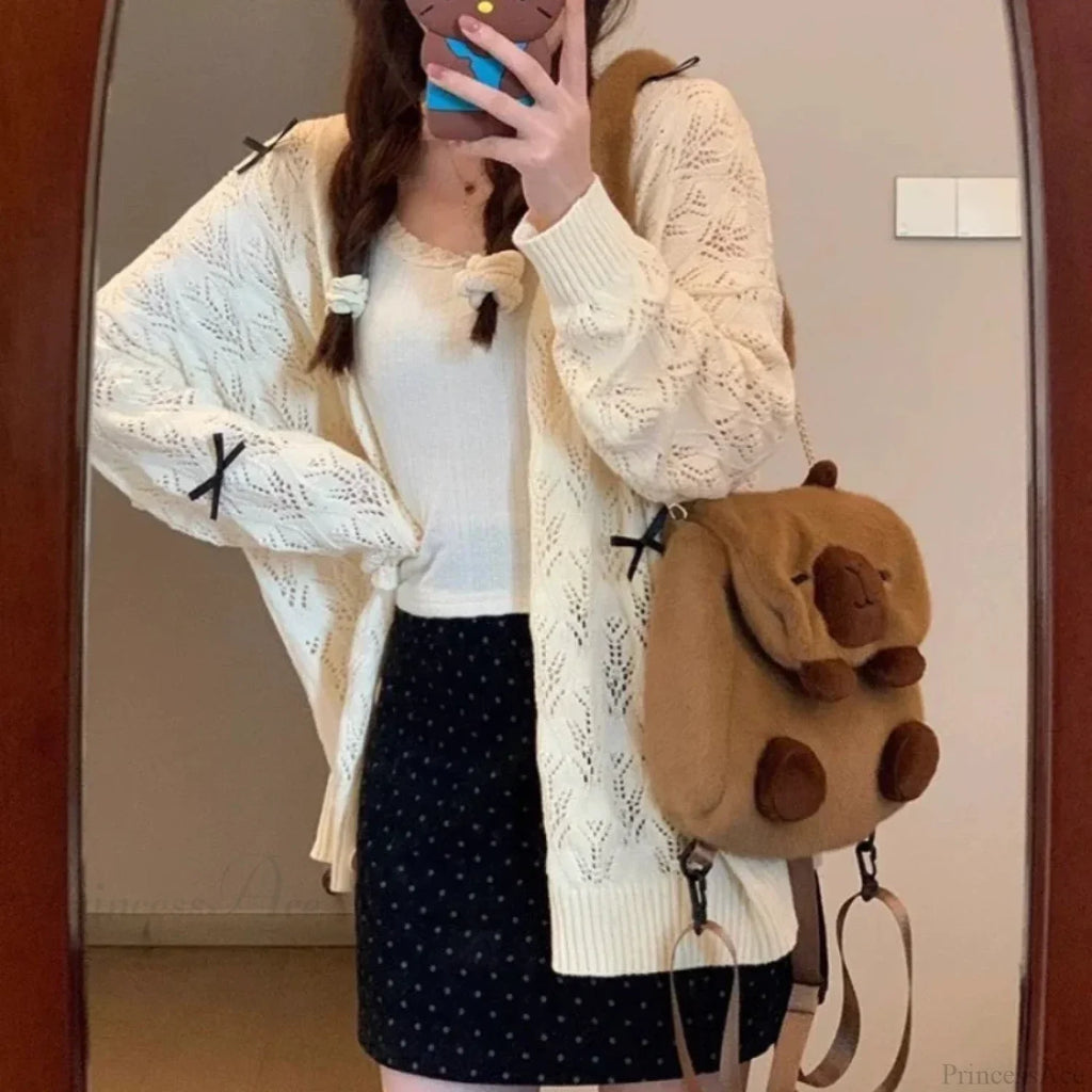 Kawaii Bow Hollow Out Solid Knit Cardigan image 5
