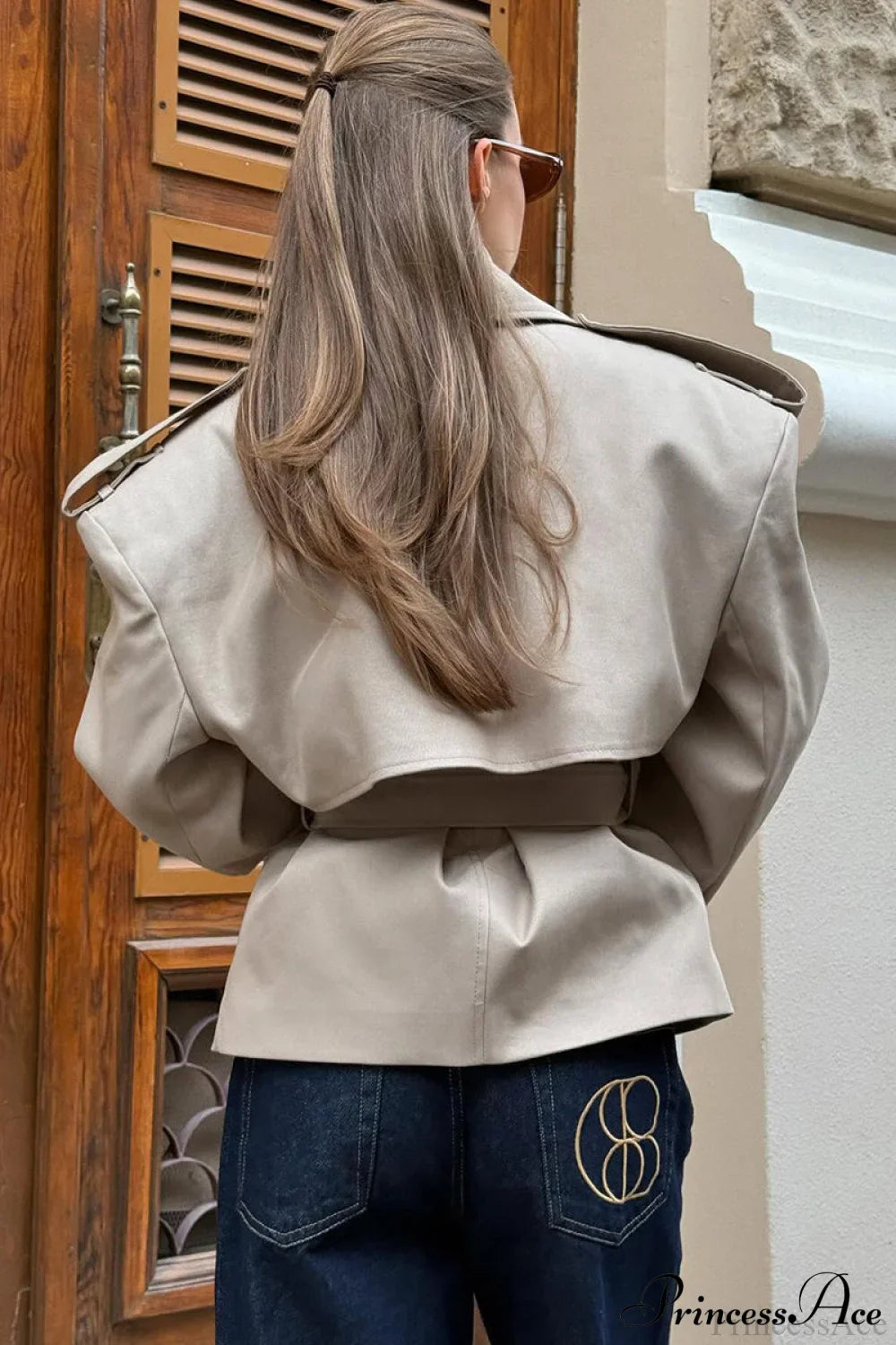 Khaki Long Sleeve Tie Waist Collar Trench Coat image 3