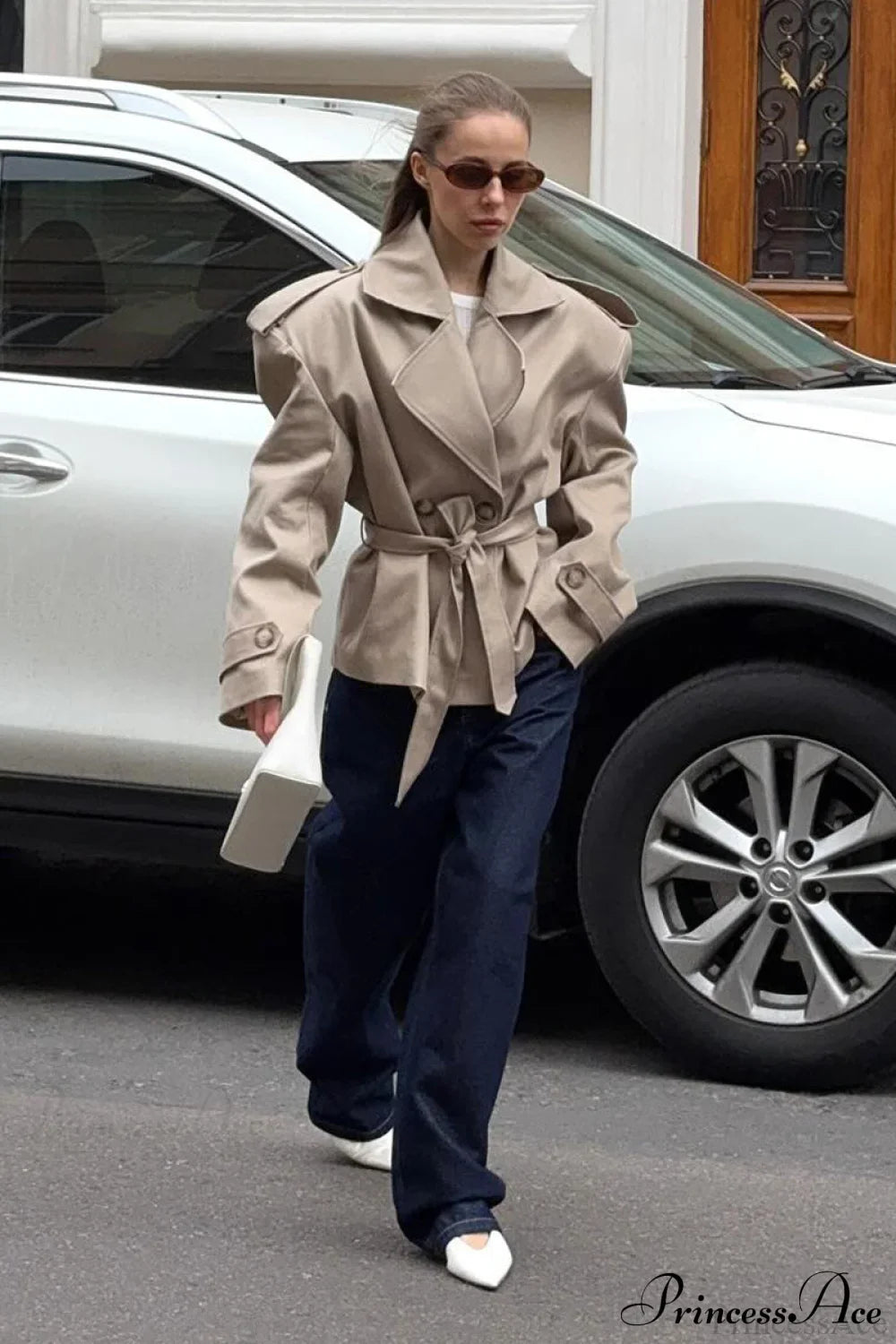 Khaki Long Sleeve Tie Waist Collar Trench Coat image 5