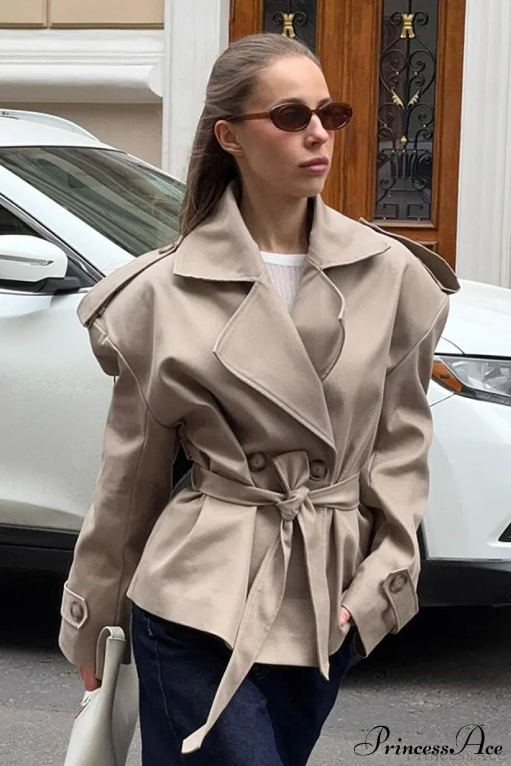 Khaki Long Sleeve Tie Waist Collar Trench Coat image 1