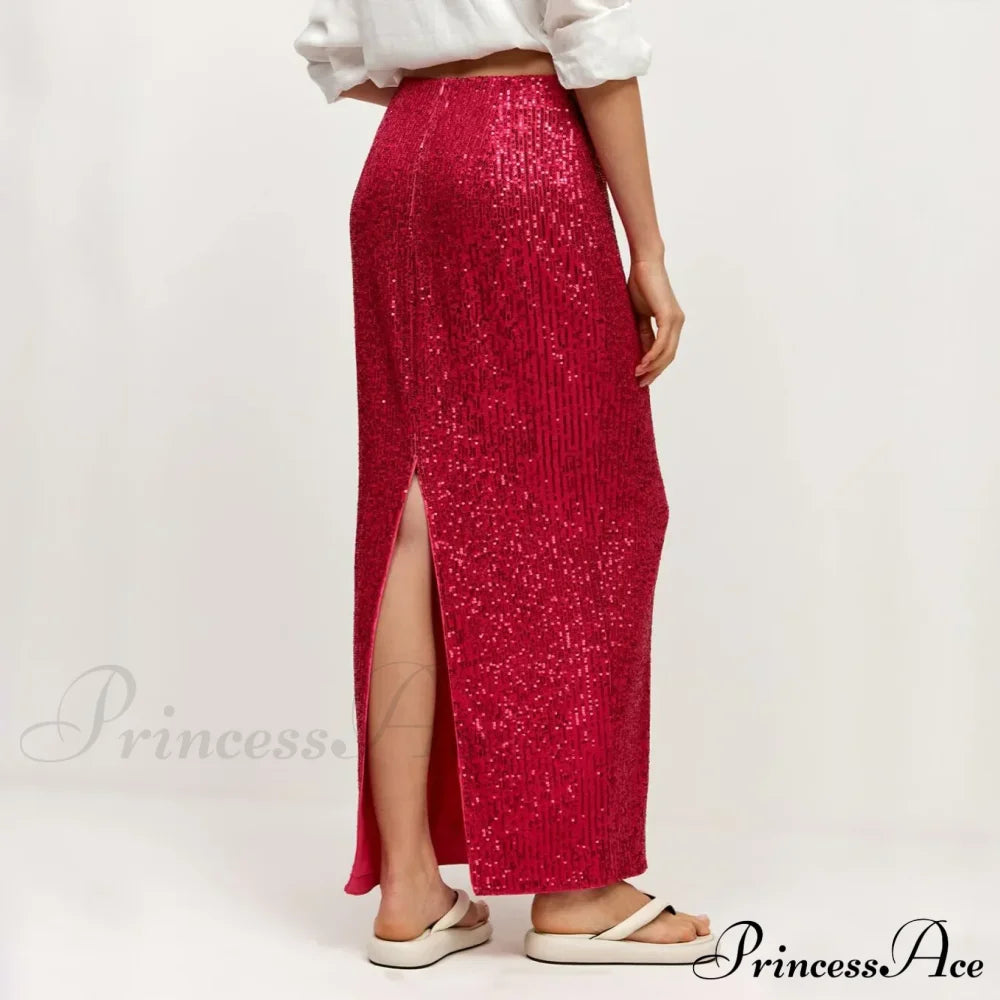 Khaki Sequins Long High Waist Slit Skirt image 6