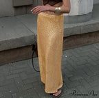 Khaki Sequins Long High Waist Slit Skirt image 8