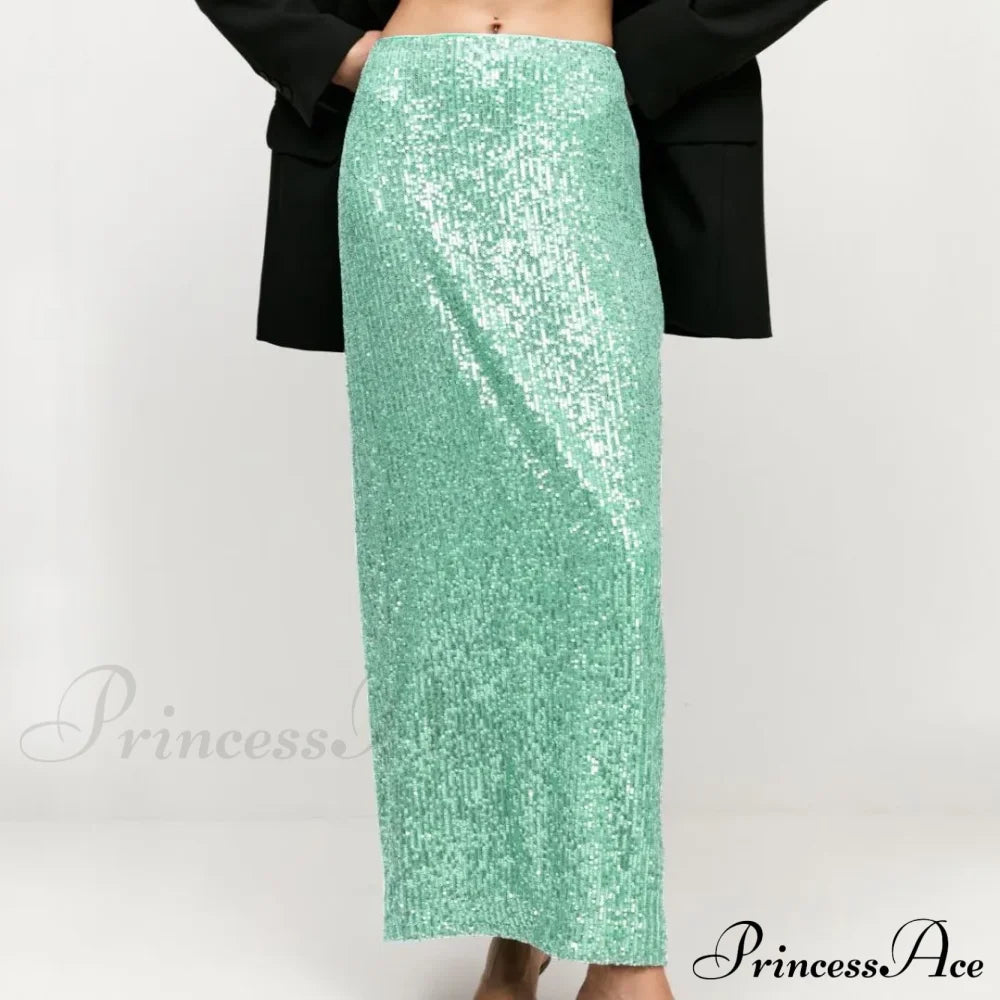 Khaki Sequins Long High Waist Slit Skirt image 9