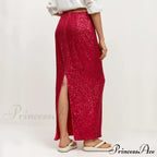 Khaki Sequins Long High Waist Slit Skirt image 11