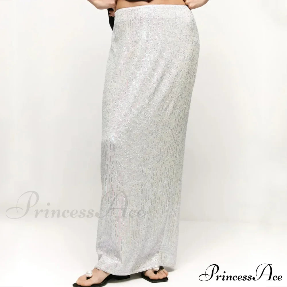 Khaki Sequins Long High Waist Slit Skirt image 12