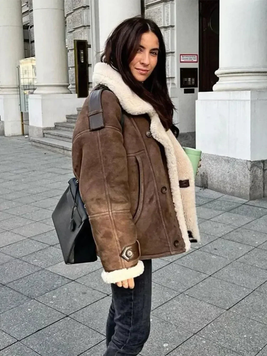 Khaki Single Breasted Leather Coat image 3