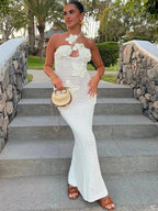Knit Halter Blue 3D Flowers Vacation Dress image 5