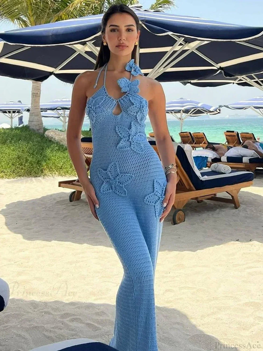 Knit Halter Blue 3D Flowers Vacation Dress image 2