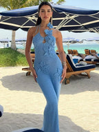 Knit Halter Blue 3D Flowers Vacation Dress image 2