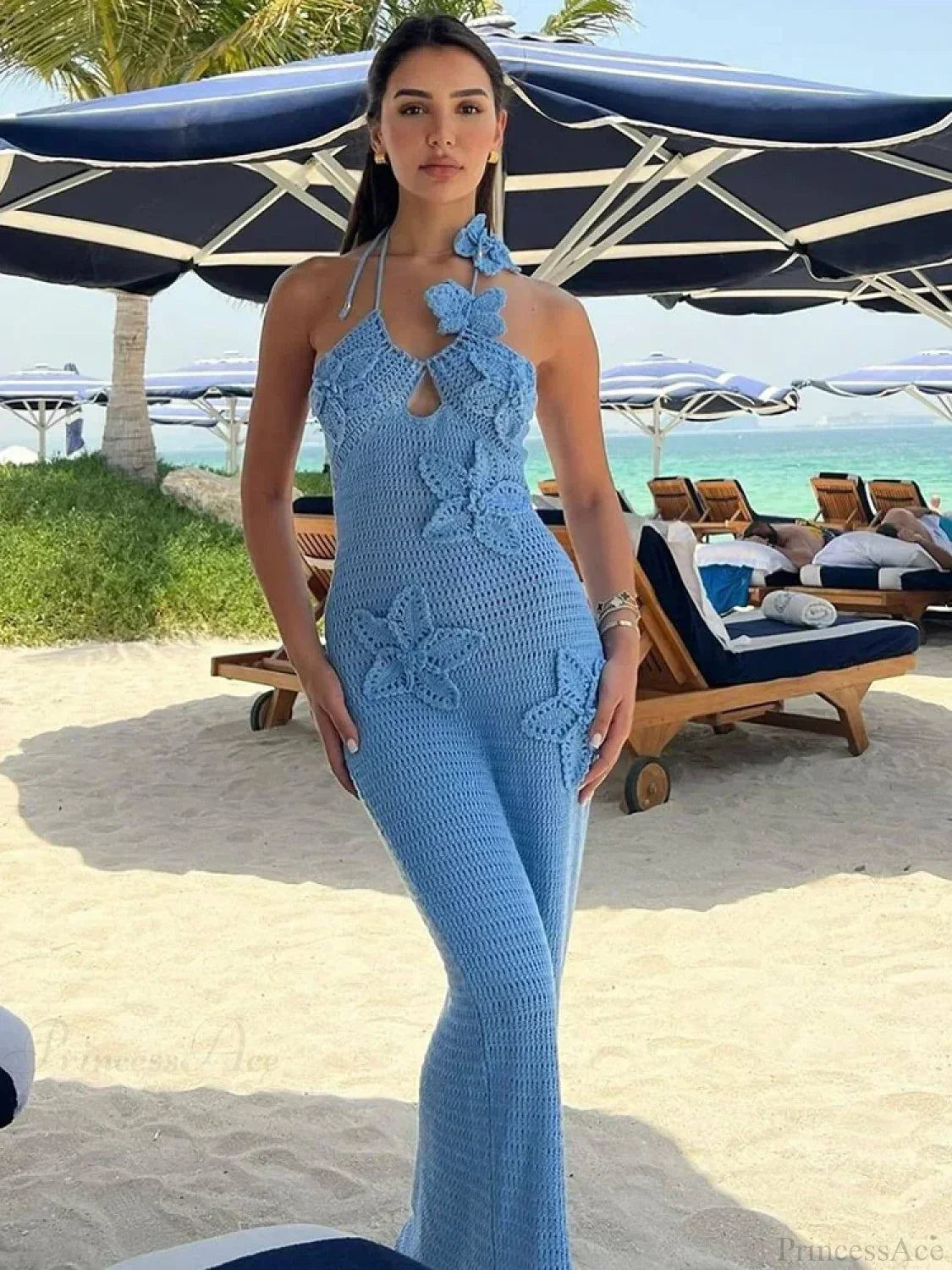 Knit Halter Blue 3D Flowers Vacation Dress image 2