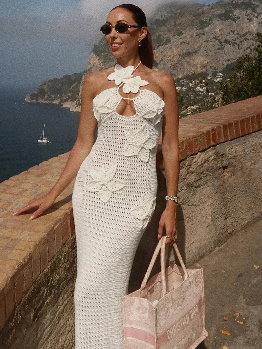 Knit Halter Blue 3D Flowers Vacation Dress image 3