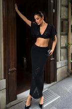 Knit Openwork V-Neck Cropped Bodycon Two Piece Set image 8
