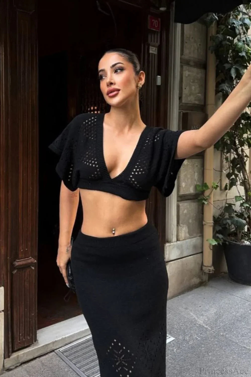 Knit Openwork V-Neck Cropped Bodycon Two Piece Set image 7