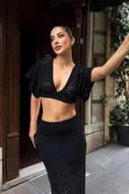 Knit Openwork V-Neck Cropped Bodycon Two Piece Set image 7