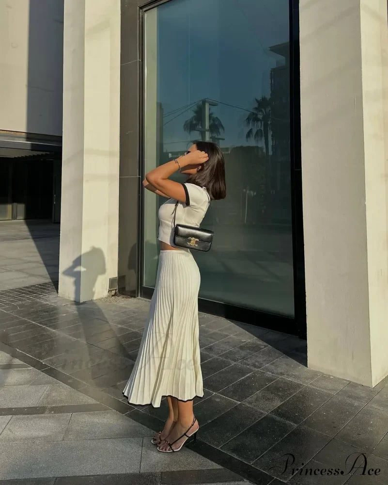 Knit Two Tone Short Sleeve Buttoned Modern Top And Pleated Midi Skirt Set image 19