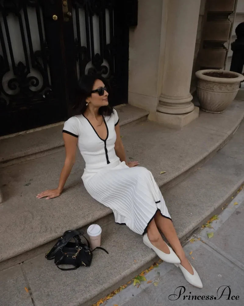 Knit Two Tone Short Sleeve Buttoned Modern Top And Pleated Midi Skirt Set image 7