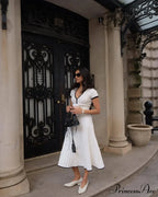 Knit Two Tone Short Sleeve Buttoned Modern Top And Pleated Midi Skirt Set image 5