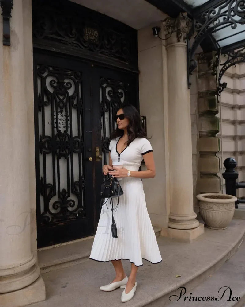 Knit Two Tone Short Sleeve Buttoned Modern Top And Pleated Midi Skirt Set image 5