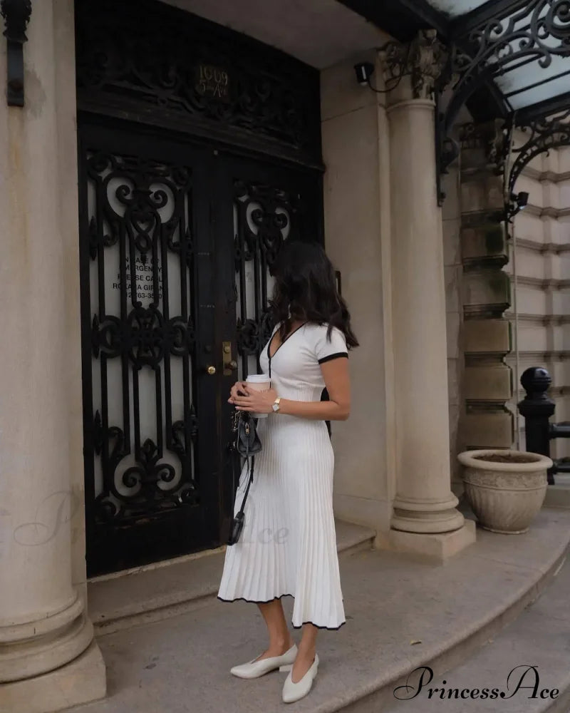 Knit Two Tone Short Sleeve Buttoned Modern Top And Pleated Midi Skirt Set image 6
