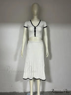 Knit Two Tone Short Sleeve Buttoned Modern Top And Pleated Midi Skirt Set image 4