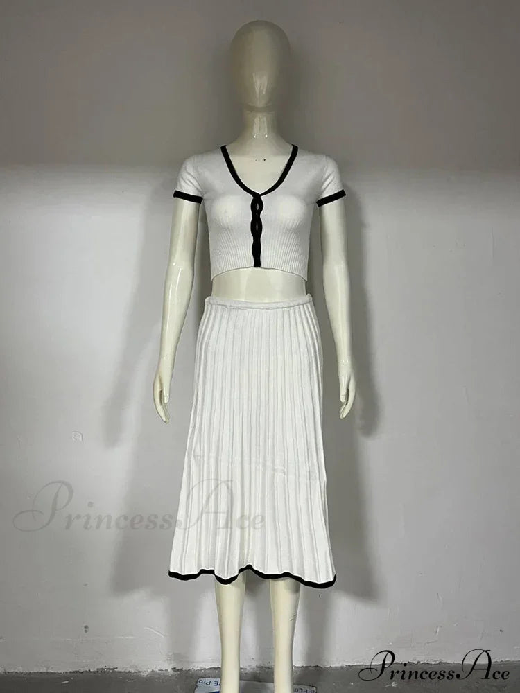 Knit Two Tone Short Sleeve Buttoned Modern Top And Pleated Midi Skirt Set image 4