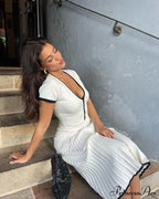 Knit Two Tone Short Sleeve Buttoned Modern Top And Pleated Midi Skirt Set image 15