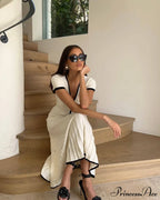 Knit Two Tone Short Sleeve Buttoned Modern Top And Pleated Midi Skirt Set image 12