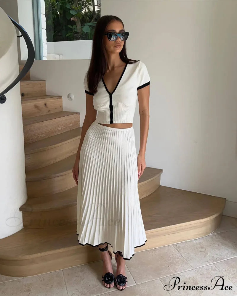 Knit Two Tone Short Sleeve Buttoned Modern Top And Pleated Midi Skirt Set image 10