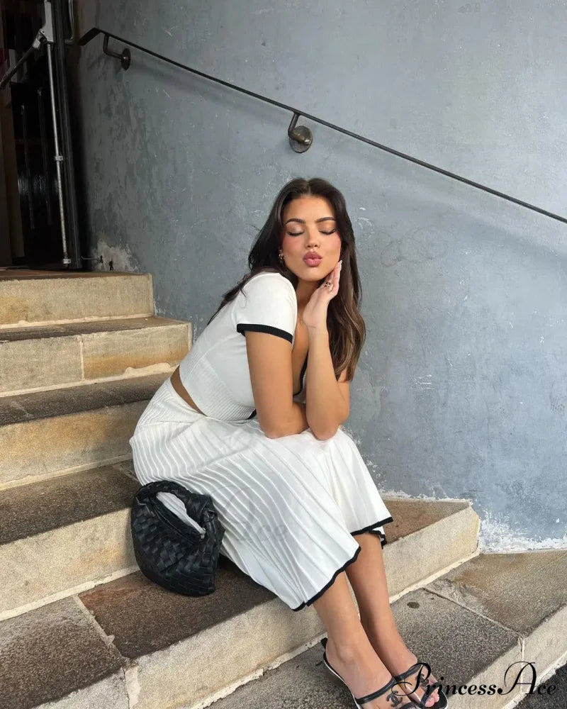 Knit Two Tone Short Sleeve Buttoned Modern Top And Pleated Midi Skirt Set image 13