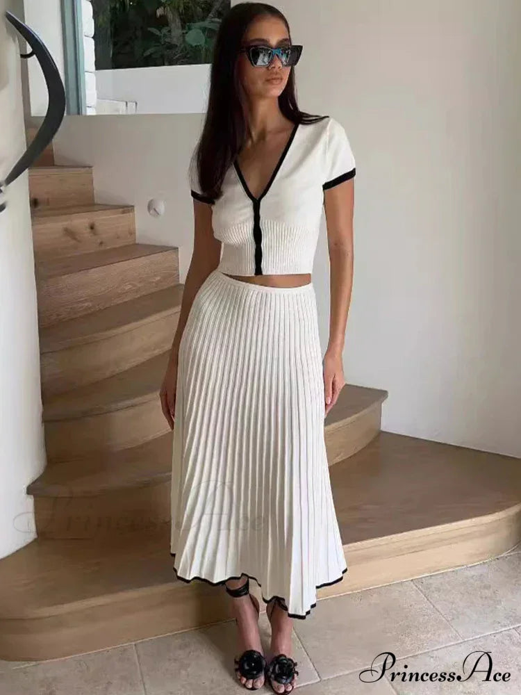 Knit Two Tone Short Sleeve Buttoned Modern Top And Pleated Midi Skirt Set image 2