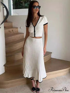 Knit Two Tone Short Sleeve Buttoned Modern Top And Pleated Midi Skirt Set image 2